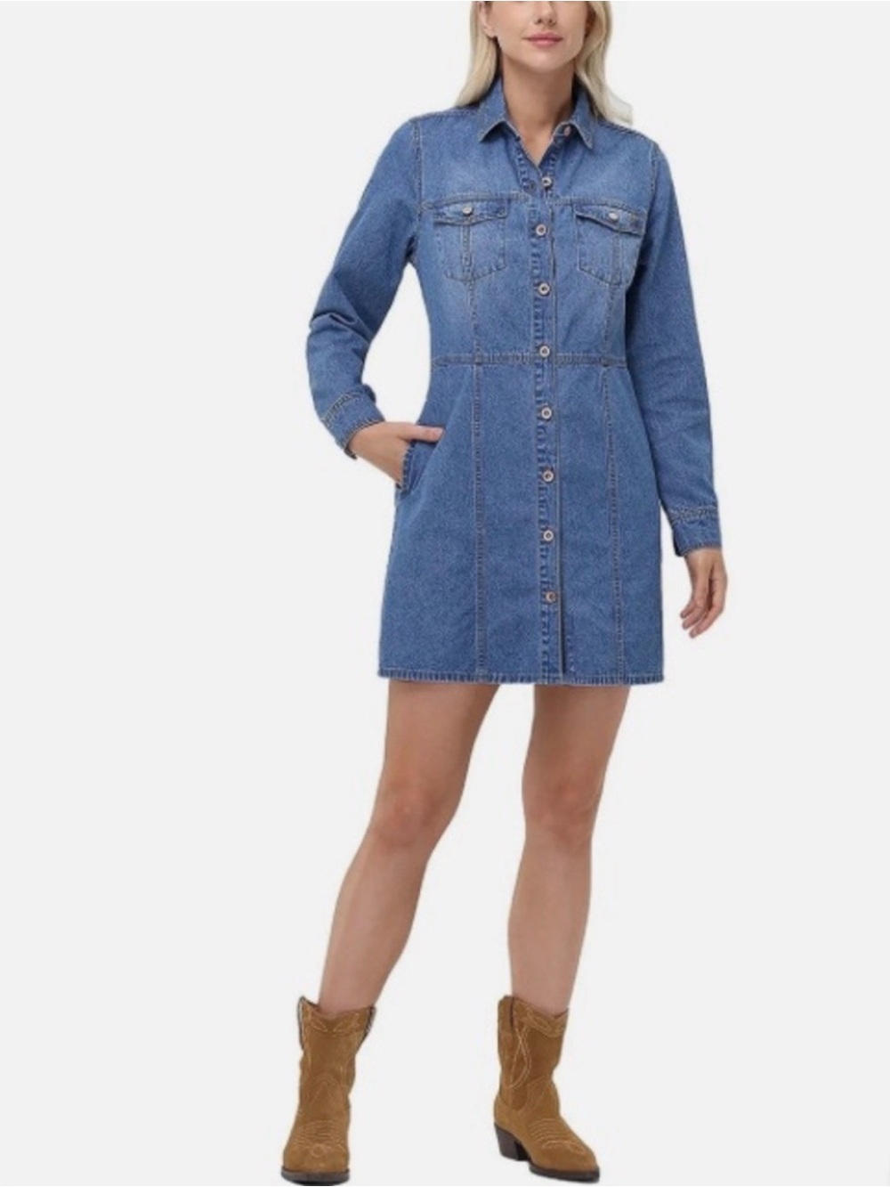 NEW Frye Blue Jean Denim Copper Button-Front Long Sleeve Shirt Mini Dress SZ S